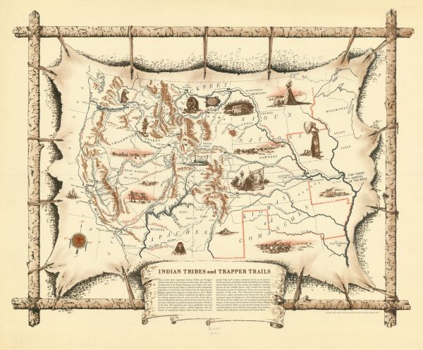 This pictorial map shows the United States west of the Mississippi, including Indian Tribes, historic trails, forts, trading posts, mountain ranges, lakes and rivers, with illustrations and historical notes. The map is signed by R.W. Rodgers.