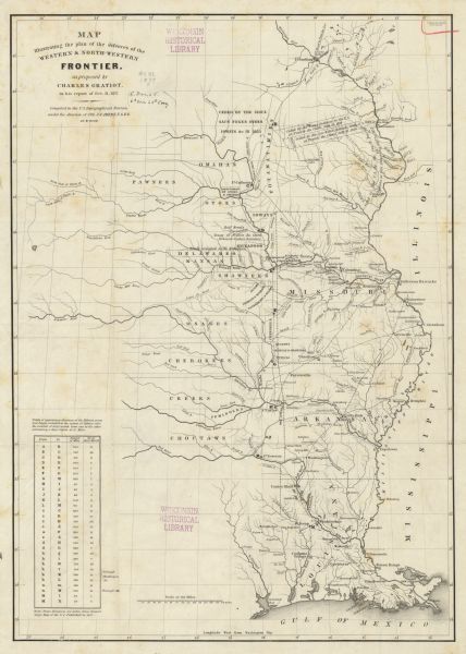 This map shows the planned military posts/depots, roads, existing forts, rivers, and land assigned to various Indian tribes. Illinois, Mississippi, Arkansas, Louisiana and Missouri are labeled. Includes a table of distances of the military posts and depots and was "taken from Tanner’s large map of the U.S. published in 1837." 