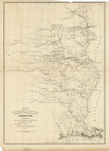 This map shows planned military posts/depots, barracks, rivers, lakes, roads, existing forts, and land assigned to various Indian tribes. Arkansas, Illinois, Louisiana, Mississippi, Missouri, the Gulf of Mexico, the Wisconsin River, and Fort Crawford are labeled. Lands ceded are also labeled. A portion of the map reads: "Ceded by the Sioux Indians to the U.S. at Prairie du Chien July 15, 1830," and "Ceded by the Sac and Fox Indians to the U.S. at Praire du Chien July 15."