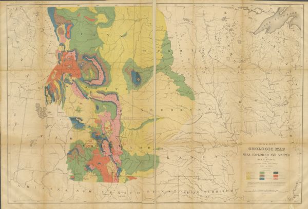 This map shows the geology of areas in Montana, the Dakotas, Nebraska, Wyoming, Idaho, Colorado, Kansas, Arizona, New Mexico, and Utah. Map also shows lakes and rivers throughout these areas as well as in Minnesota, Iowa, Texas, Indian Territory, Illinois, and Wisconsin. Mountain ranges, the Black Hills, the Great Salt Lake, Lake Superior, and Deadwood are also labeled. The top margin includes a manuscript annotation in pencil that reads: "Carl and Marion Schurz- Oct. 21 1916."
