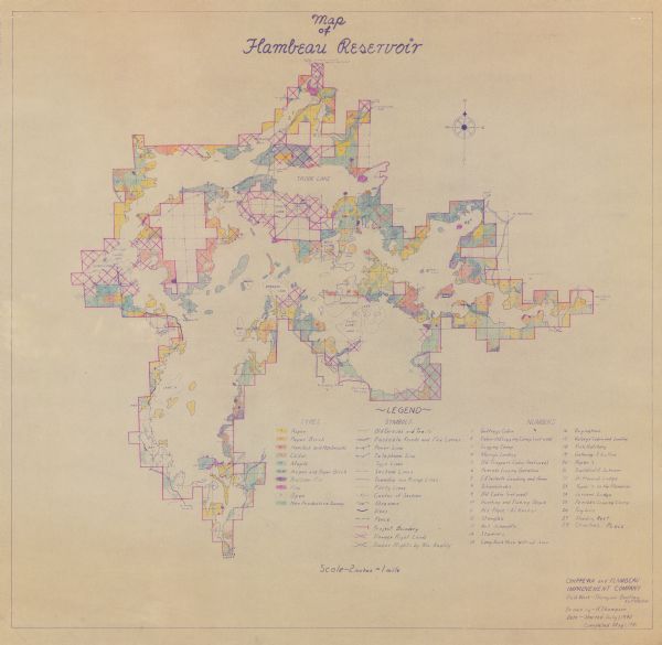 This is map three of a set of three, and shows trails, roads and fire lanes, utilities, resorts, submerged lakes, vegetation, flowage right lands, and timber rights by Wis. Realty Co. A legend in the lower right corner includes a legend of symbols and numbers on the map. Sturgeon Bay, Trude Lake, Sand Lake, Wilson Bay, Blair Lake, Horseshoe Lake, Town Line Lake, Grant Lake, Rat Lake, Flambeau River, Turtle Lake, and Muskel Lung Lake are labeled as are sloughs and snags. The map is hand-colored.