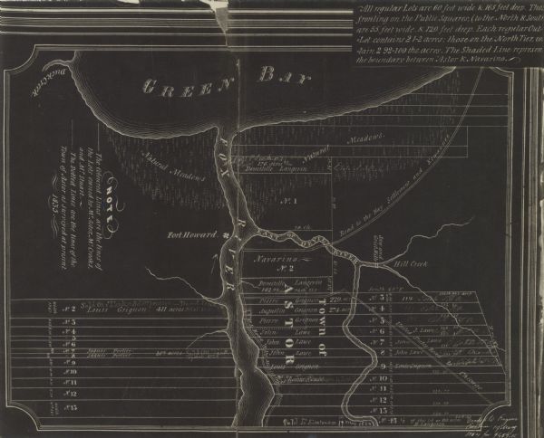 This photostat map shows private claim owners, natural meadows, roads, saw and grist mills, and Fort Howard. The upper right corner includes annotations and the left margin reads: "The colored lines are the lines of the lots owned by Mr. Astor, Mr. Crooks and Mr. Stuart. The dotted lines are the lines of the town of Astor as surveyed at present, 1835."