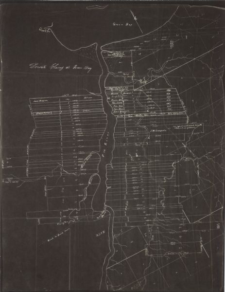 This photostat map was probably originally created in 1835 and shows in addition to private claims, mills, roads, and trails. Green Bay and the Fox River are labeled.