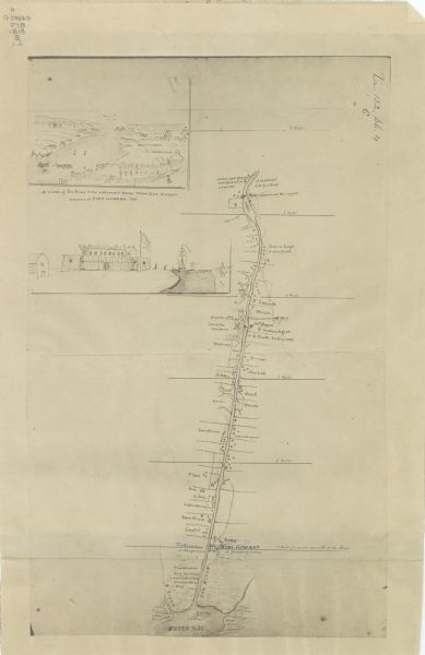 This photocopied map shows private claim owners, buildings, and land use in 1818. Insets show Fort Howard  and the caption reads: "A view of the Fox River and the settlements thereon taken from the upper windows of Fort Howard, 1818". The lower inset shows the stockade. Relief is shown by hachures.