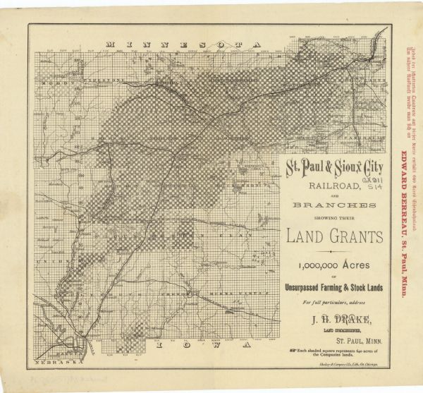 This map covers parts of Minnesota, Iowa, and South Dakota and advertised 1,000,000 acres of land available. Communities, roads, and railroad lines are labeled. The right margin has printing in red ink.