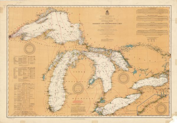 Chart showing all of the Great Lakes: Lake Superior, Lake Michigan, Lake Huron, Lake Erie, and Lake Ontario and canals, rivers and cities that border the lakes. The map also includes tables of United States and Canadian canals, annual water levels, dry docks, and marine railways.