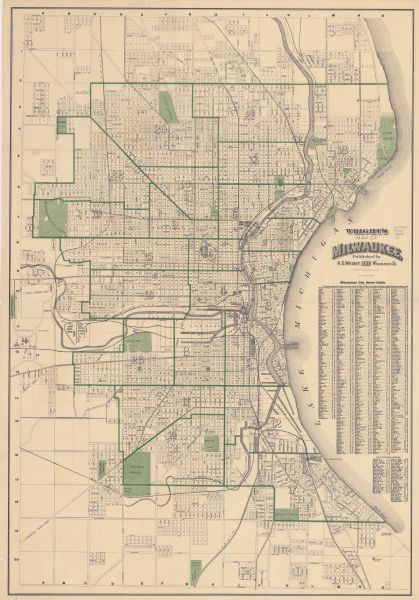 This map shows city wards, block numbers, parks, cemeteries, roads, railroads, and selected buildings. The map includes indexes to streets, public buildings, and parks.