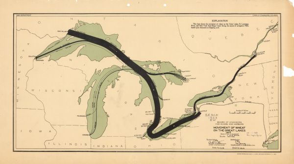 This map includes an explanation that reads: "This chart shows the movement of wheat on the Great Lakes, St. Lawrence River, and New York State Barge Canal during the season of navigation 1923, based upon clearances at shipping ports." Portions of Minnesota, Iowa, Wisconsin, Illinois, Indiana, Ohio, Michigan, New York, Vermont, Massachusetts, Connecticut, Ontario, and Quebec are also shown. Quantities are labeled in bushels.