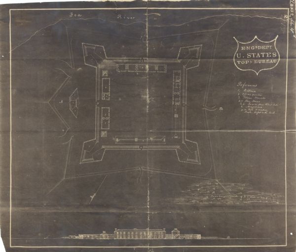 This is a photostat copy of a manuscript map in the National Archives showing a plan of Fort Howard and a view of its north side. Originally surveyed by William Howard for Major Charles Gratiot and probably accompanied a letter of Gratiot’s dated Sept. 1, 1816. This map shows the location of the fox river, a cranberry marsh, batteries, officers quarters, and soldiers barracks. The bottom margin includes an illustration of the fort.