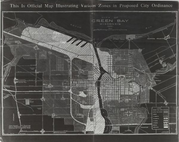 This map shows various zones in a proposed city ordinance. Also shown are creeks, streets, parks, hospitals, cemeteries, and the Fox River. A legend is included that shows public property, and residential, business, and industrial areas.