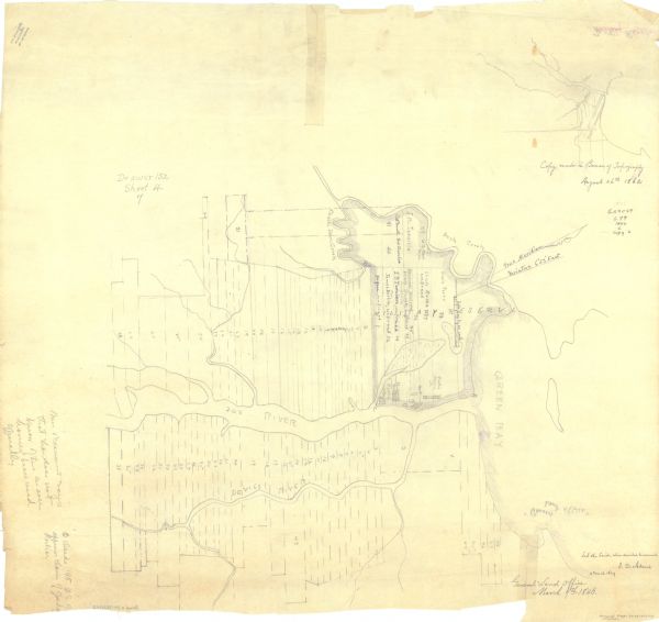 This map shows landownership on a military reserve, private claims, buildings (including Fort Howard and U.S. sawmill), swamps, public barns and fields, and a brick yard. This is a copy of a manuscript map, originally drawn in 1829 and copied in the Bureau of Topographical Engineers on August 26, 1862. Margins include manuscript annotations in pencil. A blue line print copy is also included that has notes and certifications.