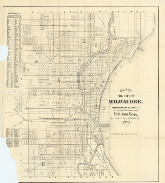 This map shows block numbers, wards, roads, railroads, parks, and selected buildings and includes a "Milwaukee city street guide" as well as a guide to public buildings and parks. Below the title is a statment reading: "Entered according to act of Congress, in the year 1877 by Murphy & Hogg, in the office of the Librarian of Congress, at Washington, D.C."