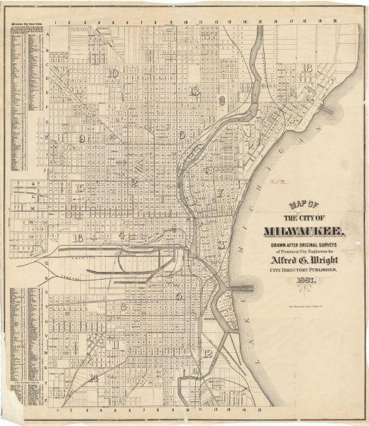 This map shows block numbers, roads, railroads, wards, and selected buildings. The map includes a "Milwaukee city street guide" and index to public buildings and parks.