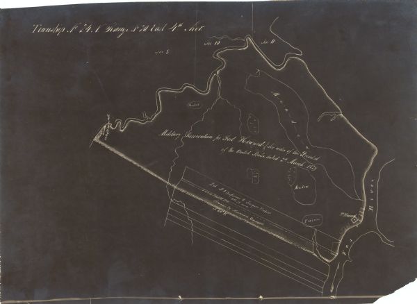 This map is a photostat copy from the original 1829 map in the War Department. The map shows location of Fort Howard, lots, land claims of Jacques Porlier and Alexander Gardepie, building sites of [John] Clark's community, old site of U.S. sawmill, land use, and the Fox River.
