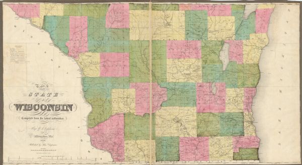 This map show the surveyed southern part of state and includes "profile of the Milwaukee and Mississippi Rail Road." Counties are shown in pink, green, blue, and yellow. Lake Michigan, the Mississippi, and other lakes and rivers are labeled. Portions of Iowa and Minnesota are shown.