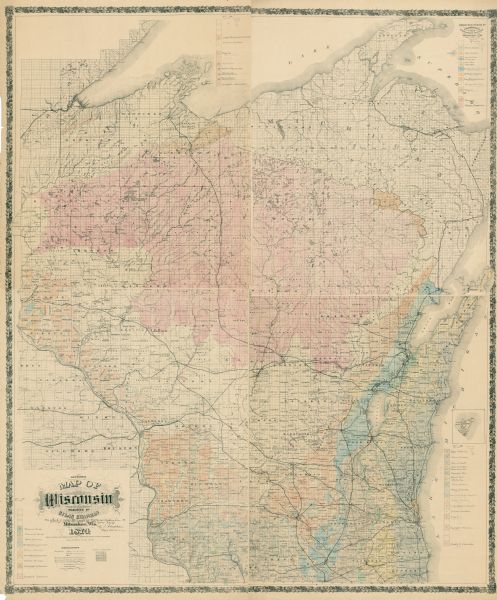 This map shows lakes, rivers, state, county, and town boundaries, as well as railroads completed, in progress, and contemplated. The map includes a color diagram: blue "Niagara Group," green "Cincinnati Group," brown "Galena Limestone," light blue "Blue Bluff (Ironton) Limestone," light orange "St Peter's Sandstone," coral "Lower Magnesium Limestone Red Lead," yellow "Potsdam Sandstone," orange "Quartzytes & Huronian," pink "Granyte & Laurentian." Below the title it reads: "Entered according to act of Congress in the year 1873 by S. Chapman with the Librarian of Congress at Washington."