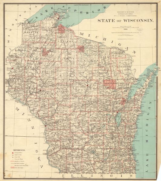 This map shows U.S. land offices, completed railroads, railroad land grant limits, lakes, rivers, and Indian reservations. Communities, lakes, and rivers are labeled including the Mississippi River, Lake Michigan, and Lake Superior. Portions of Michigan, Minnesota, Iowa, and Illinois are also included. 
