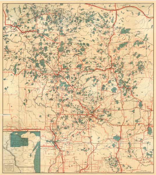 This map shows state trunk highways, county trunk highways, railroads, canoe trails, lakes, and free public camp sites. The map on the reverse also shows a portion of Michigan's Upper Peninsula and an inset map of Wisconsin and portions of Illinois, Iowa, Michigan, and Minnesota. Lake Michigan and Lake Superior are labeled.