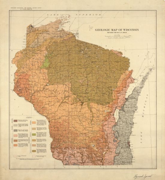 This map shows geological formations throughout Wisconsin. Lakes and rivers are labeled, including The Mississippi River, Lake Superior, and Lake Michigan. A legend of geological formations, periods, and systems is also included. 
