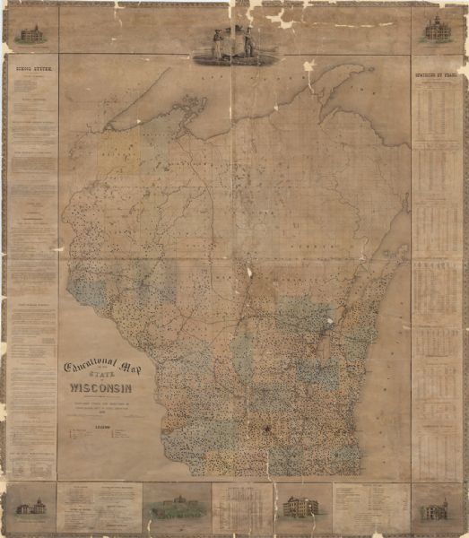 This map is ink on paper and shows the location of various types of schools. The map includes text about the school system and tables of statistics (1849-1875)including: Number of children-attendance -- Apportionment of state money -- School houses -- Annual expenses -- Teachers and certificates -- Teachers' wages -- Territorial divisions -- Statistics for 1875 -- Statistics of cities. The map also includes illustrations of: River Falls Normal School -- Oshkosh Normal School -- Platteville Normal School -- University of Wisconsin (Ladies Hall, S. Dormitory, University Hall, N. Dormitory) -- Science Hall (University of Wisconsin) -- Whitewater Normal School.