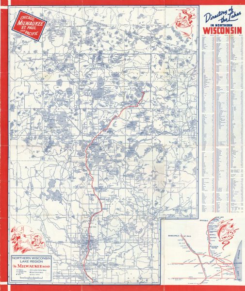 This map shows the route of the Milwaukee Road, roads, foot trails, resorts, and ranger stations. The map includes text, illustrations, a railroad fare table (season 1942), a directory of resorts and hotels, and a regional map  covering Star Lake to Minneapolis and Chicago.