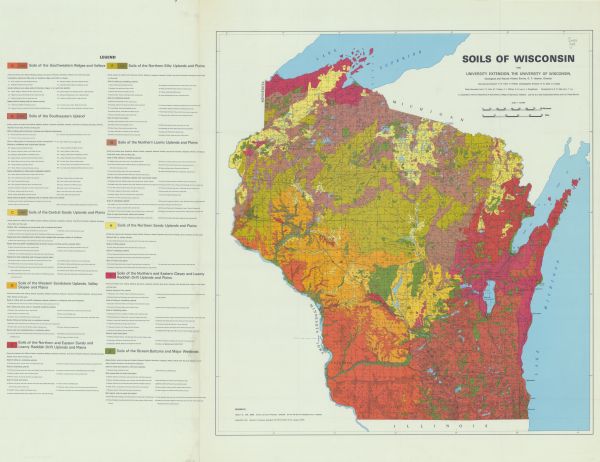 This map shows lakes, rivers and soil types. Lake Michigan, Lake Superior, and portions of Illinois, Iowa, Michigan, and Minnesota are labeled. A legend to soil types is included.