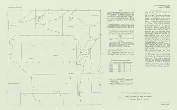 This map shows earthquake data and includes text about tables, references, and the Modified Mercalli Intensity Scale of 1931. Table one lists earthquakes chronologically and table two lists data sources. Portions of Lake Michigan, Lake Superior, Iowa, Illinois, Michigan, and Minnesota are labeled.
