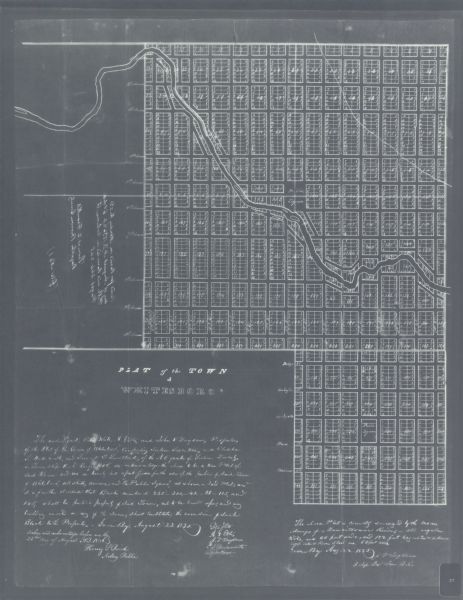 This plat map shows the proposed Town of Whitesboro, a paper city (a city planned but never built), located on the Manitowoc River in Calumet County. Certifications are included. The bottom of the map reads: "Green Bay, August 22, 1836."
