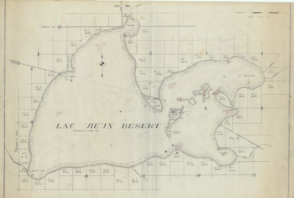 This map shows shoreline lot numbers and acreages, the Wisconsin River, and the Michigan and Wisconsin state line. Manuscript annotations relating to toponymy and the location of Hillside Resort are also included.