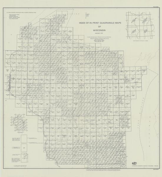 This map provides an index of quadrangle maps for the state. The lower left corner contains explanation land surveying completeness. Communities, counties, rivers, and lakes are labeled including Lake Michigan and Lake Superior.