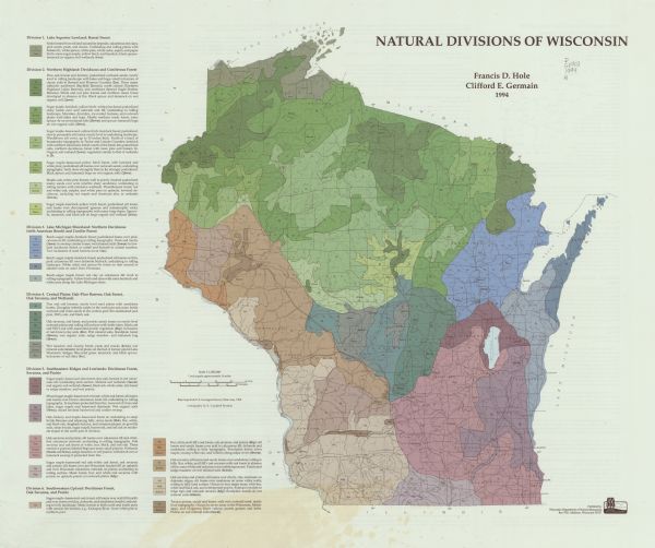 This map is divided and color coded by forest type. Portions of Michigan, Minnesota, Lake Michigan and Lake Superior are labeled. The reverse includes a small map of Wisconsin and descriptive text on forest types and vegetation.