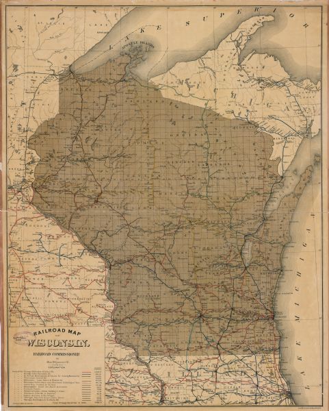 This map shows lakes, railroads, and rivers. An explanation of railroad lines with mileage in Wisconsin and total mileage for 1885 is included. Portions of Lake Michigan, Lake Superior, Illinois, Iowa, Michigan and Minnesota are labeled.
