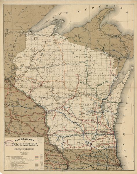 This map shows lakes, railroads, and rivers.  An explanation of railroad lines with mileage in Wisconsin and total mileage for 1886 is included. Portions of Lake Michigan, Lake Superior, Illinois, Iowa, Michigan and Minnesota are labeled.
