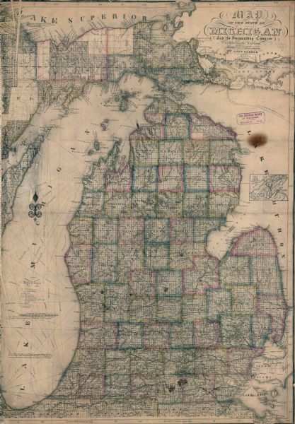 This map shows townships, villages, Indian villages, railroads, roads, mills, prairies, swamps, and canals. An inset map shows a plat of the copper district on Lake Superior. The map reads: "Note: Michigan is bounded west by Lake Michigan, Menomonie River of Green Bay, and Montreal River of Lake Superior."