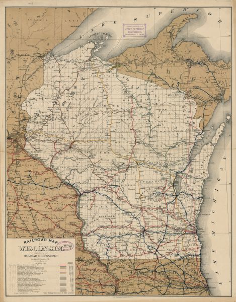 This map shows lakes, railroads, and rivers. An explanation of railroad lines with mileage in Wisconsin and total mileage for 1889 is included. Portions of Lake Michigan, Lake Superior, Illinois, Iowa, Michigan and Minnesota are labeled.