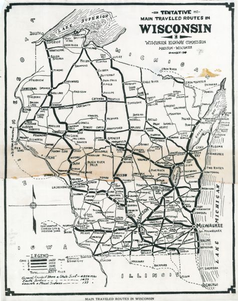 This map shows main traveled routes. Portions of Lake Michigan, Lake Superior, Illinois, Iowa, Michigan and Minnesota are labeled. Also includes a legend showing miles traveled. There are manuscript annotations in black ink in on the bottom left margin.