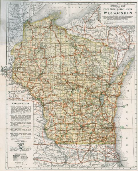 Narrow red lines show principal secondary highways. Green circles shows points of historical interest. Green triangles show Indian mounds and Indian villages. Green crosses show points of scenic interest. Green squares show industrial locations. Green starts show state parks and institutions. Lake Michigan, Lake Superior, and the Mississippi River are labeled as are communities.