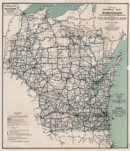 This map shows the state trunk highway system and county trunk highways. The lower left corner includes a legend of roadway types. Lake Michigan and Lake Superior are labeled, as well as communities.