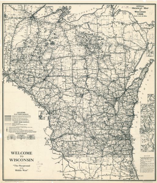 This map shows the state trunk highway system and county trunk highways. The lower left corner includes a legend of roadway types. Lake Michigan and Lake Superior are labeled, as well as communities.