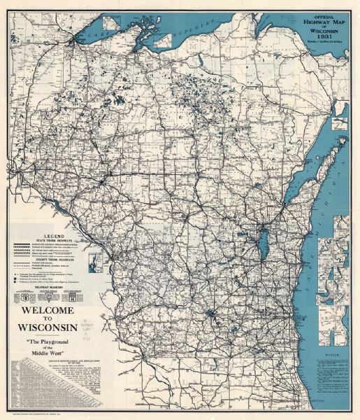 This map shows the state trunk highway system and county trunk highways. This map show surface type on state and county trunk highways and the locations of state parks and free public camp grounds.  Also included is a distance finding table and explanation of its use. Lake Michigan and Lake Superior are labeled, as well as communities. The map includes inset maps of La Crosse, Superior, Ashland, Marinette, Green Bay, Appleton, Manitowoc, Oshkosh, Fond Du Lac, Janesville, Sheboygan, Stevens Point, Wausau, Waukesha, Madison, Eau Claire, Milwaukee, Racine, Kenosha, and Beloit.