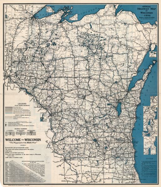This map includes a distance table, text, and insets maps of, Superior, Ashland, Marinette, Green Bay, Appleton, Manitowoc, Oshkosh, Fond Du Lac, Janesville, Sheboygan, Stevens Point, Wausau, Waukesha, Madison, Eau Claire, Milwaukee, La Crosse, Beloit, Racine, and Kenosha. The back of the map includes a listing some important motor vehicle laws and Wisconsin history.
