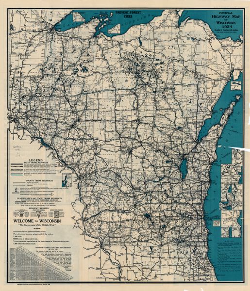 This map shows the state trunk highway system and county trunk highways. This map show surface type on state and county trunk highways and the locations of state parks and free public camp grounds. Also included is a distance finding table and explanation of its use. The map includes a distance table and insets of Superior, Ashland, Marinette, La Crosse, Green Bay, Appleton, Eau Claire, Oshkosh, Fond du Lac, Manitowoc, Sheboygan, Janesville, Wausau, Stevens Point, Madison, Waukesha, Milwaukee, Racine, Kenosha, and Beloit.