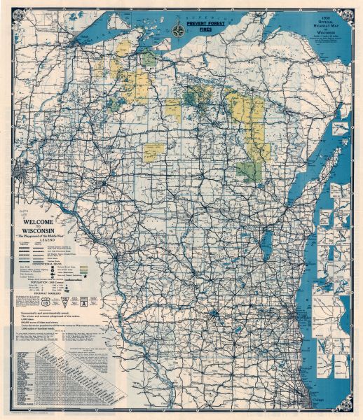 This map shows the state trunk highway system and county trunk highways. This map show surface type on state and county trunk highways and the locations of state parks and free public camp grounds. National forests, state forests, and Indian reservations are shown in color. Also included is a distance finding table and explanation of its use. The map includes a distance table and insets of Superior, Ashland, Marinette, La Crosse, Green Bay, Appleton, Eau Claire, Oshkosh, Fond du Lac, Manitowoc, Sheboygan, Janesville, Wausau, Stevens Point, Madison, Waukesha, Milwaukee, Racine, Kenosha, and Beloit.
