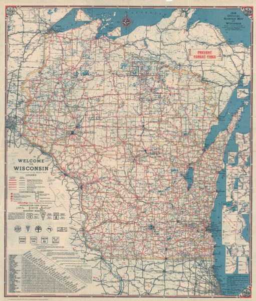 This map shows the state trunk highway system and county trunk highways. This map show surface type on state and county trunk highways and the locations of state parks and free public camp grounds. National forests, state forests, and Indian reservations are shown in color. Also included is a distance finding table and explanation of its use. The map includes mileage chart and insets of Superior, Ashland, Marinette, Green Bay, Appleton, Manitowoc, Oshkosh, Fond Du Lac, Janesville, Sheboygan, Stevens Point, Wausau, Waukesha, Madison, Eau Claire, Milwaukee, La Crosse, Beloit, Racine, and Kenosha.