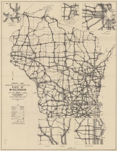 This map shows surfaces and types of highways. A legend and three county and two local area inset maps are included.  The bottom left margin reads: "Traffic data-October 1, 1941 to September 30, 1942."
