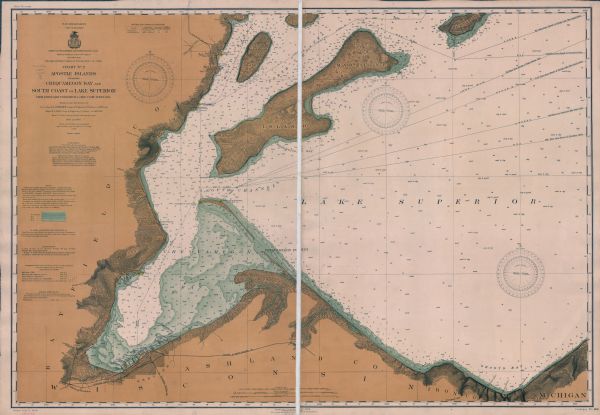 This map shows bays, creeks, railroads and rivers. Relief is shown by contours and spot heights. Depths are shown by contours, tints, and soundings. Includes notes on authorities, latitudes, longitudes, contours, harbor lines, soundings, water areas, abbreviations, scales, opening and closing of navigation, and water elevations. Portions of Bayfield, Ashland and Iron counties, Lake Superior, and Michigan are labeled. 
