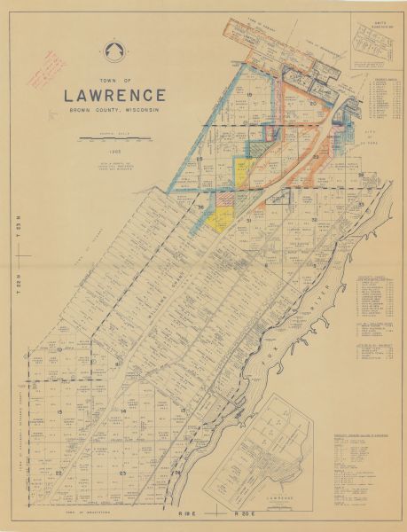 This map shows landownership, acreages, and roads. The city of De Pere, the town of Hobart, and the Fox River are labeled. Inset maps showing Smits Subdivision and the Village of Lawrence are included. Zoning districts adjacent to the city of De Pere are hand-colored in blue, yellow, red, and orange. The top left margin includes manuscript annotations in red ink.