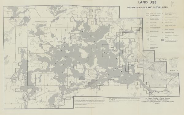 This map shows boundaries, roads, national forest land, bogs and wetlands, lakes, campgrounds, and boat landings.