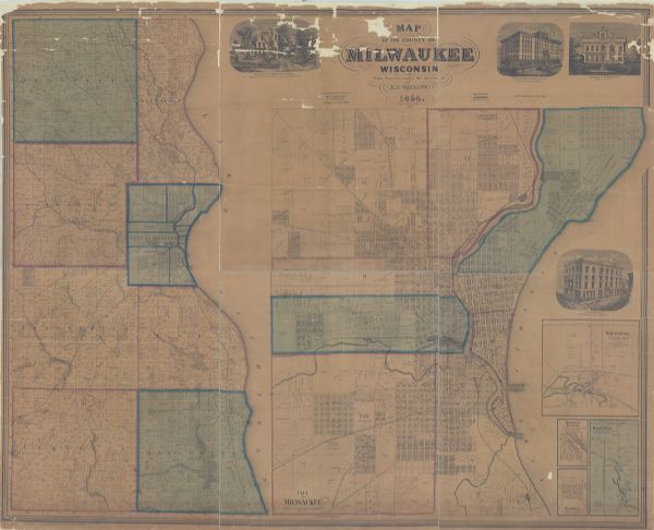 This map made up of six panels shows communities, rivers, and Lake Michigan. The map includes several inset maps showing Milwaukee, Humboldt, Franklin, Oak Creek, and Wauwatosa. Portions of the map are highlighted in blue and outlined in red.