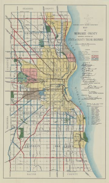 Color coded map in pink, yellow, blue, and brown of Milwaukee County State and County trunk highways. The map includes a legend of symbols: "STEAM RAIL ROAD, ELECTRIC CAR LINES, TOWN & CORPORATE LIMITS, U.S. HIGHWAYS, STATE TRUNK HIGHWAYS, COUNTY TRUNK HIGHWAYS, CONNECTING STREETS". The map includes lists of parks and members of the county board of supervisors and signatures of approval. The highways are in red, blue, black, and brown.